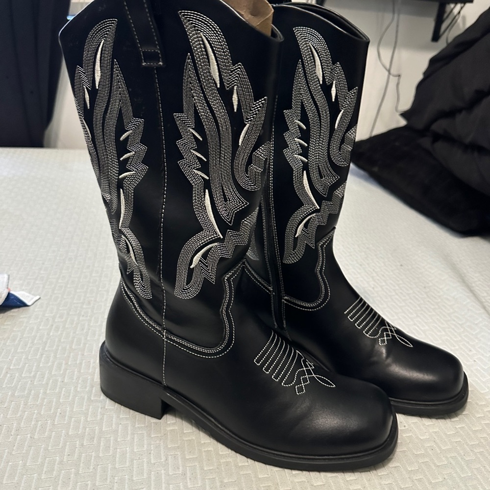 ASOS Black Western Cowboy Boots with Silver Embroidery